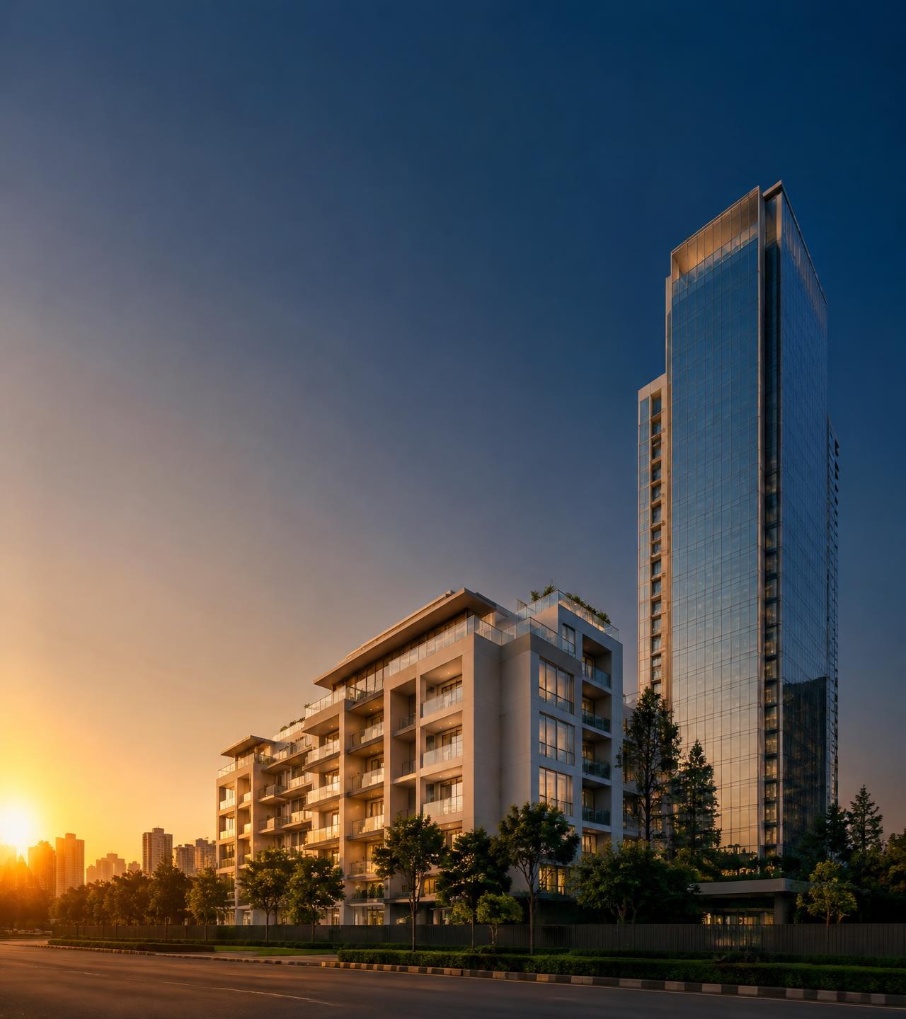 Modern residential and commercial towers at sunset